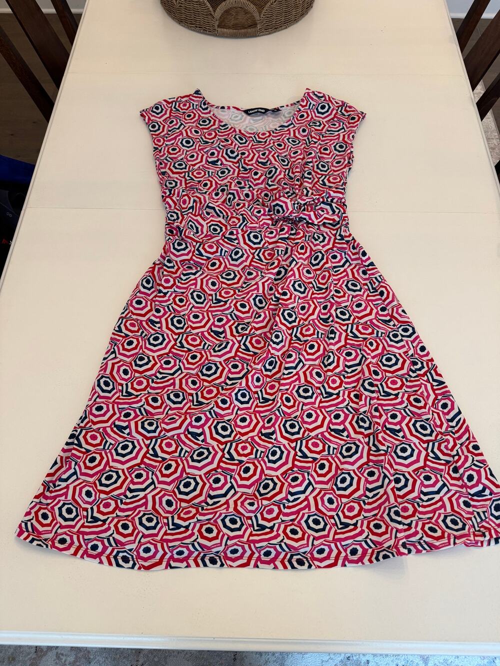 Lands' End Women's Faux Wrap Sleeveless Dress Red Blue Umbrella Print Medium